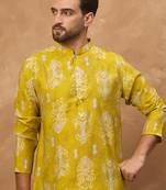 Men yellow viscose rayon ikat printed straight kurta