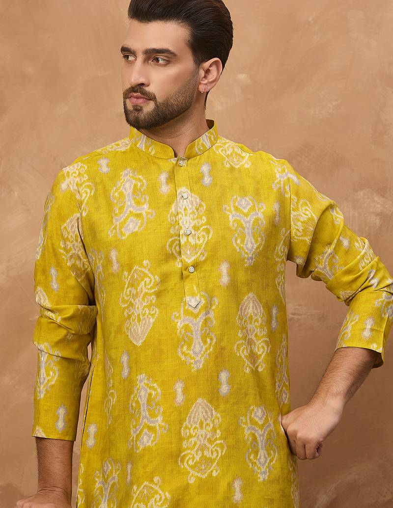 Men yellow viscose rayon ikat printed straight kurta