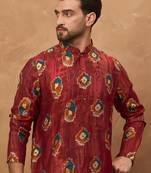 Men red viscose rayon ethnic motifs printed straight kurta