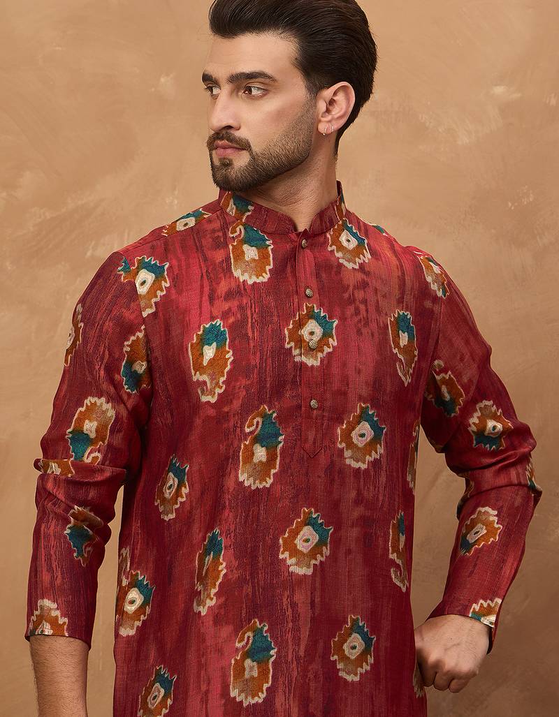 Men red viscose rayon ethnic motifs printed straight kurta