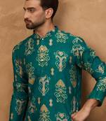 Men blue viscose rayon ikat printed straight kurta