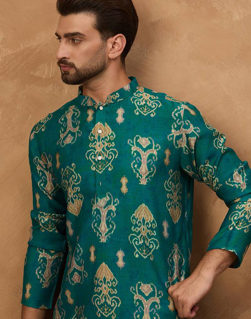 Men blue viscose rayon ikat printed straight kurta