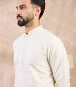Men white silk blend geometric embroidered straight kurta