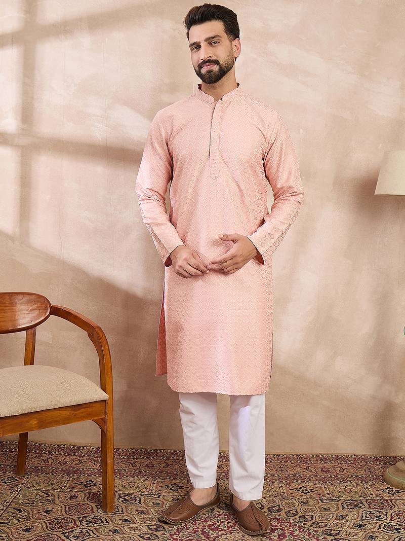 Men pink silk blend geometric embroidered straight kurta