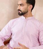 Men purple silk blend geometric embroidered straight kurta