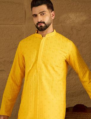 Men yellow viscose rayon solid embroidered straight kurta 2