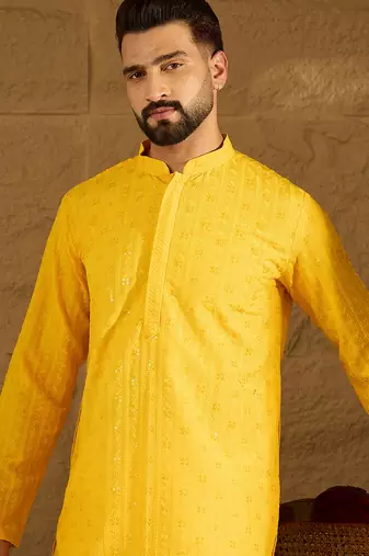 Men yellow viscose rayon solid embroidered straight kurta