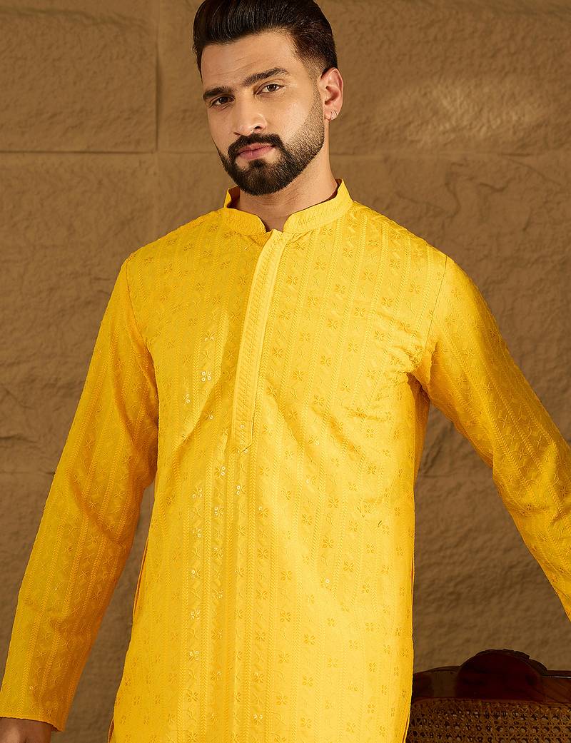 Men yellow viscose rayon solid embroidered straight kurta