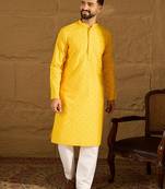 Men yellow viscose rayon solid embroidered straight kurta