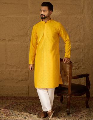 Men yellow viscose rayon solid embroidered straight kurta 3