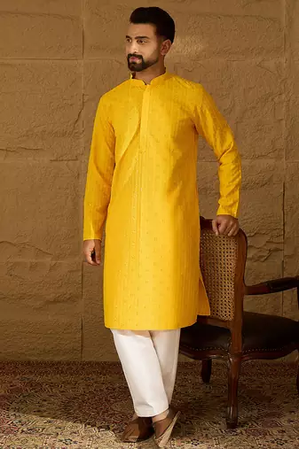 Men yellow viscose rayon solid embroidered straight kurta