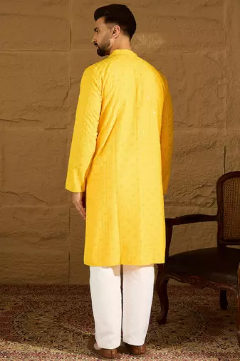 Men yellow viscose rayon solid embroidered straight kurta