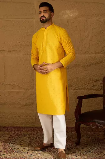 Men yellow viscose rayon solid embroidered straight kurta