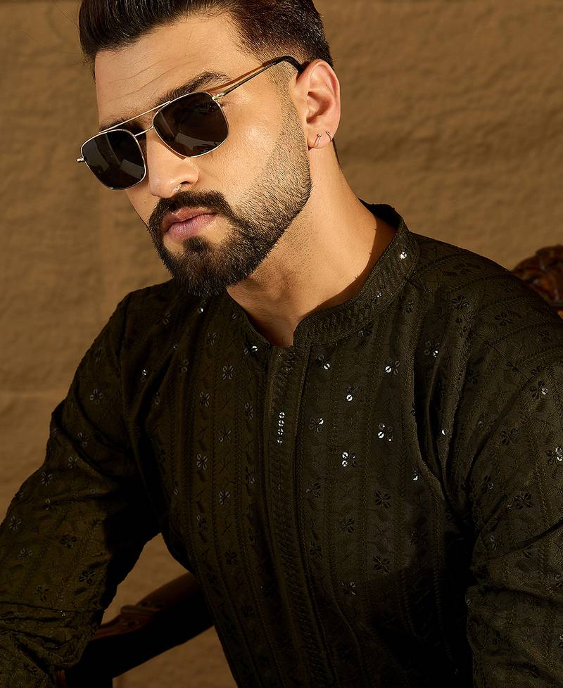 Men olive viscose rayon solid embroidered straight kurta