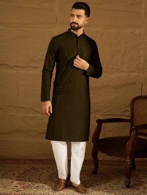 Men olive viscose rayon solid embroidered straight kurta 1