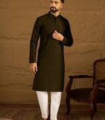 Men olive viscose rayon solid embroidered straight kurta
