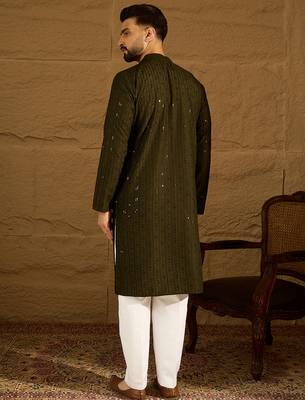 Men olive viscose rayon solid embroidered straight kurta 4