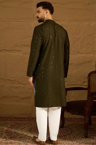 Men olive viscose rayon solid embroidered straight kurta
