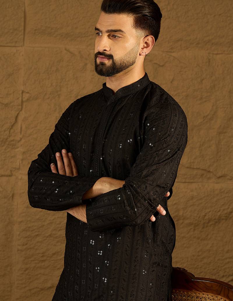 Men black viscose rayon solid embroidered straight kurta