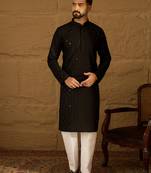 Men black viscose rayon solid embroidered straight kurta