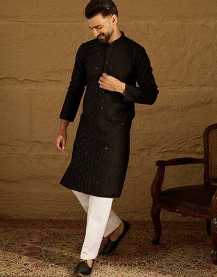 Men black viscose rayon solid embroidered straight kurta 3