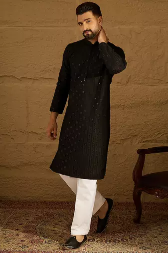 Men black viscose rayon solid embroidered straight kurta