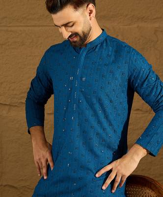 Men blue viscose rayon solid embroidered straight kurta 2