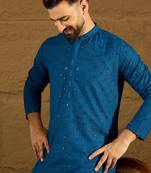 Men blue viscose rayon solid embroidered straight kurta