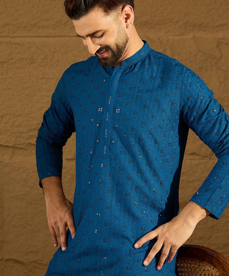 Men blue viscose rayon solid embroidered straight kurta