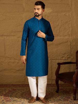 Men blue viscose rayon solid embroidered straight kurta 1