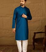 Men blue viscose rayon solid embroidered straight kurta