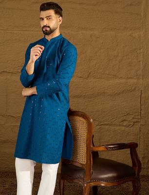 Men blue viscose rayon solid embroidered straight kurta 3