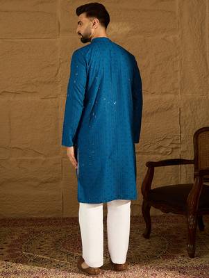 Men blue viscose rayon solid embroidered straight kurta 4