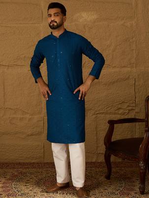 Men blue viscose rayon solid embroidered straight kurta 5