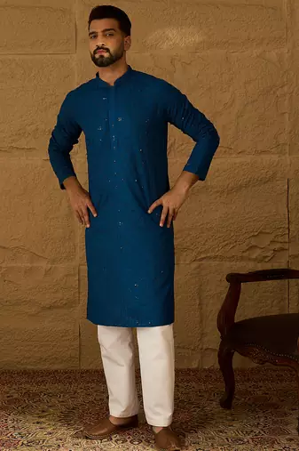 Men blue viscose rayon solid embroidered straight kurta