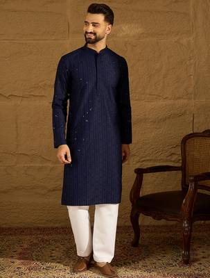 Men navy blue viscose rayon solid embroidered straight kurta 2