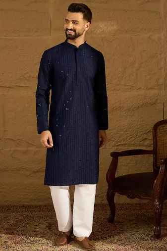 Men navy blue viscose rayon solid embroidered straight kurta