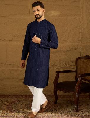 Men navy blue viscose rayon solid embroidered straight kurta 3
