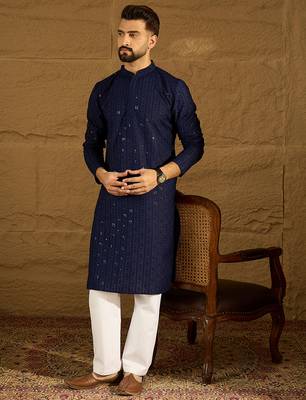 Men navy blue viscose rayon solid embroidered straight kurta 5
