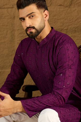Men purple viscose rayon solid embroidered straight kurta