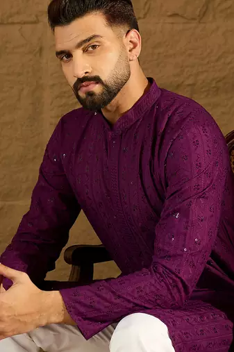 Men purple viscose rayon solid embroidered straight kurta