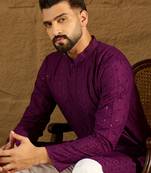Men purple viscose rayon solid embroidered straight kurta