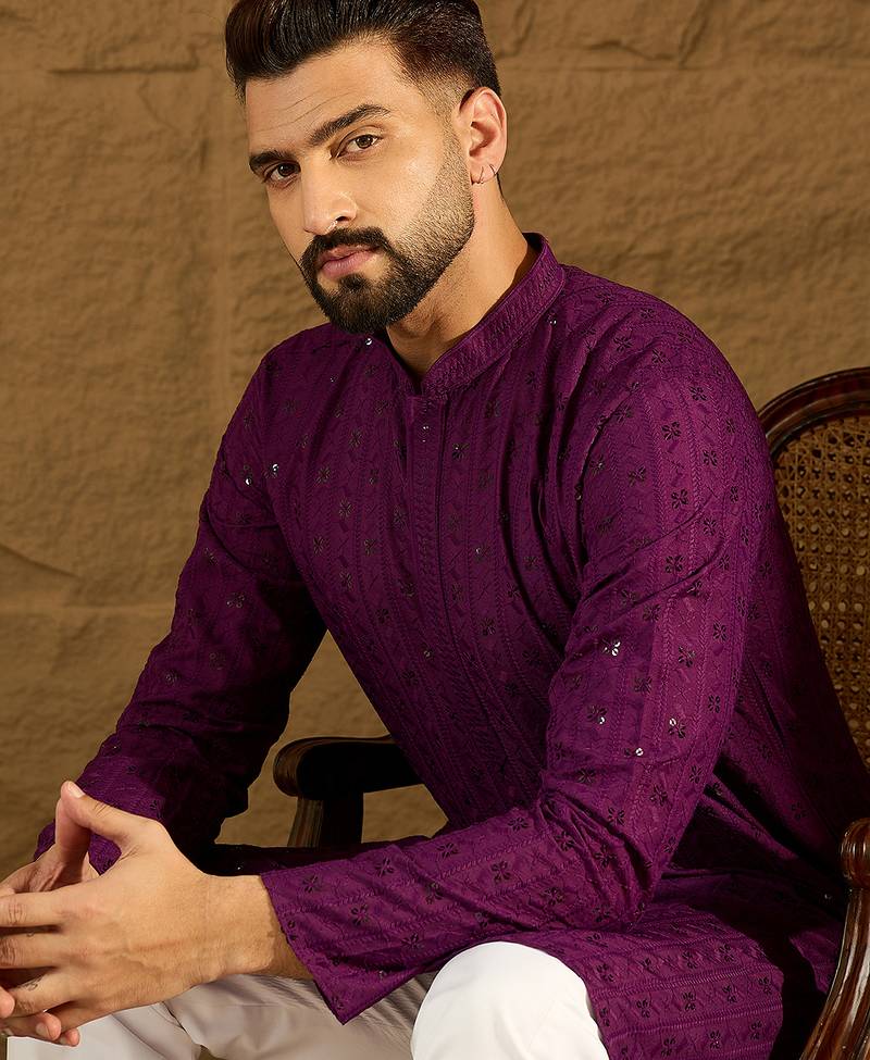 Men purple viscose rayon solid embroidered straight kurta