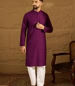 Men purple viscose rayon solid embroidered straight kurta