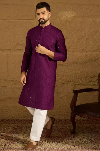 Men purple viscose rayon solid embroidered straight kurta