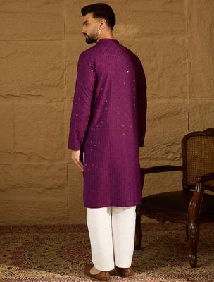 Men purple viscose rayon solid embroidered straight kurta 4