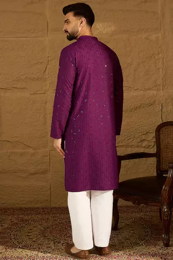 Men purple viscose rayon solid embroidered straight kurta