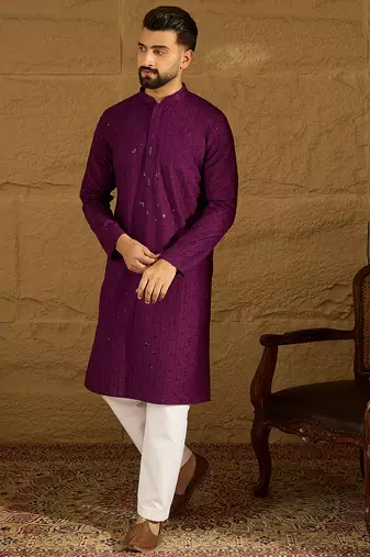 Men purple viscose rayon solid embroidered straight kurta