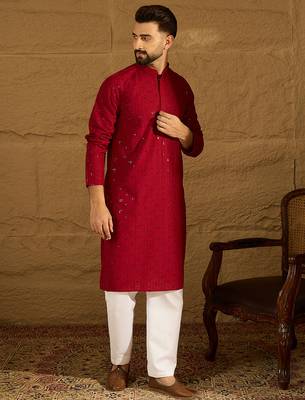 Men maroon viscose rayon solid embroidered straight kurta 2