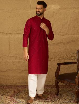 Men maroon viscose rayon solid embroidered straight kurta 5